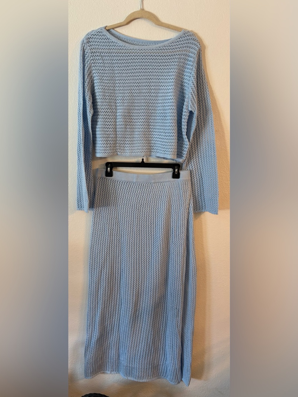 Light Blue Knit Top & Skirt with Side Slit Cover Up